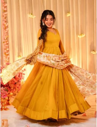 Mustard Yellow Georgette Anarkali Gown with Floral Embroidered Dupatta Mustard Yellow Georgette Anarkali Gown with Floral Embroidered Dupatta