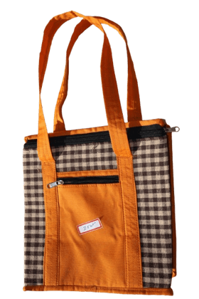 Insulated Brown Checkered Lunch Bag for Office & School | Lightweight Tiffin Carry Bag | Orange Handle | Reusable & Washable Food Bag
