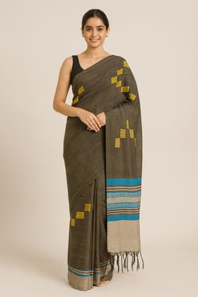 Dark Grey Cotton Saree with Yellow Geometric & Striped Pallu