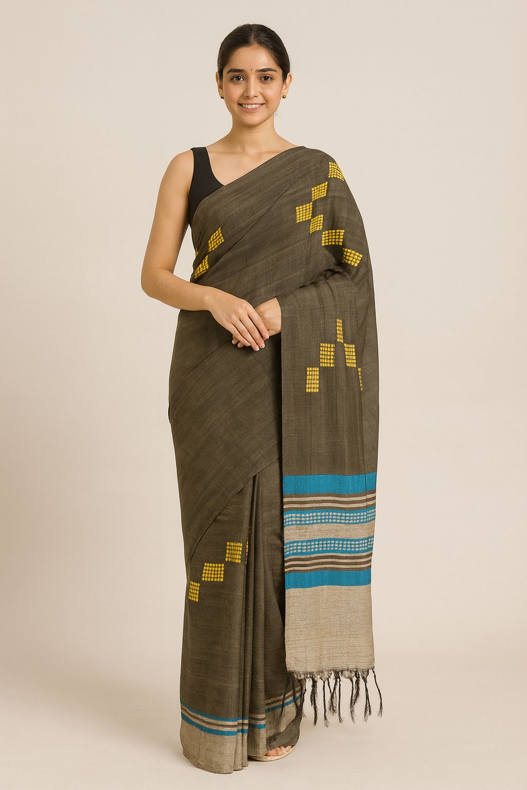 Dark Grey Cotton Saree with Yellow Geometric & Striped Pallu