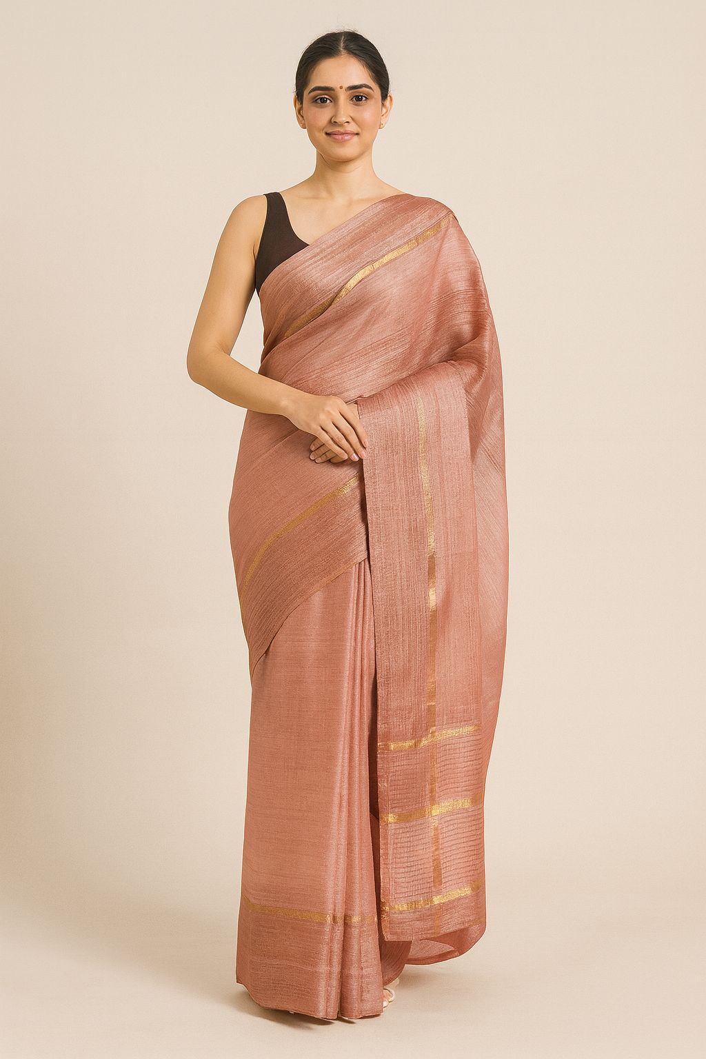 Elegant Peach Silk Saree with Gold Strip Detailing