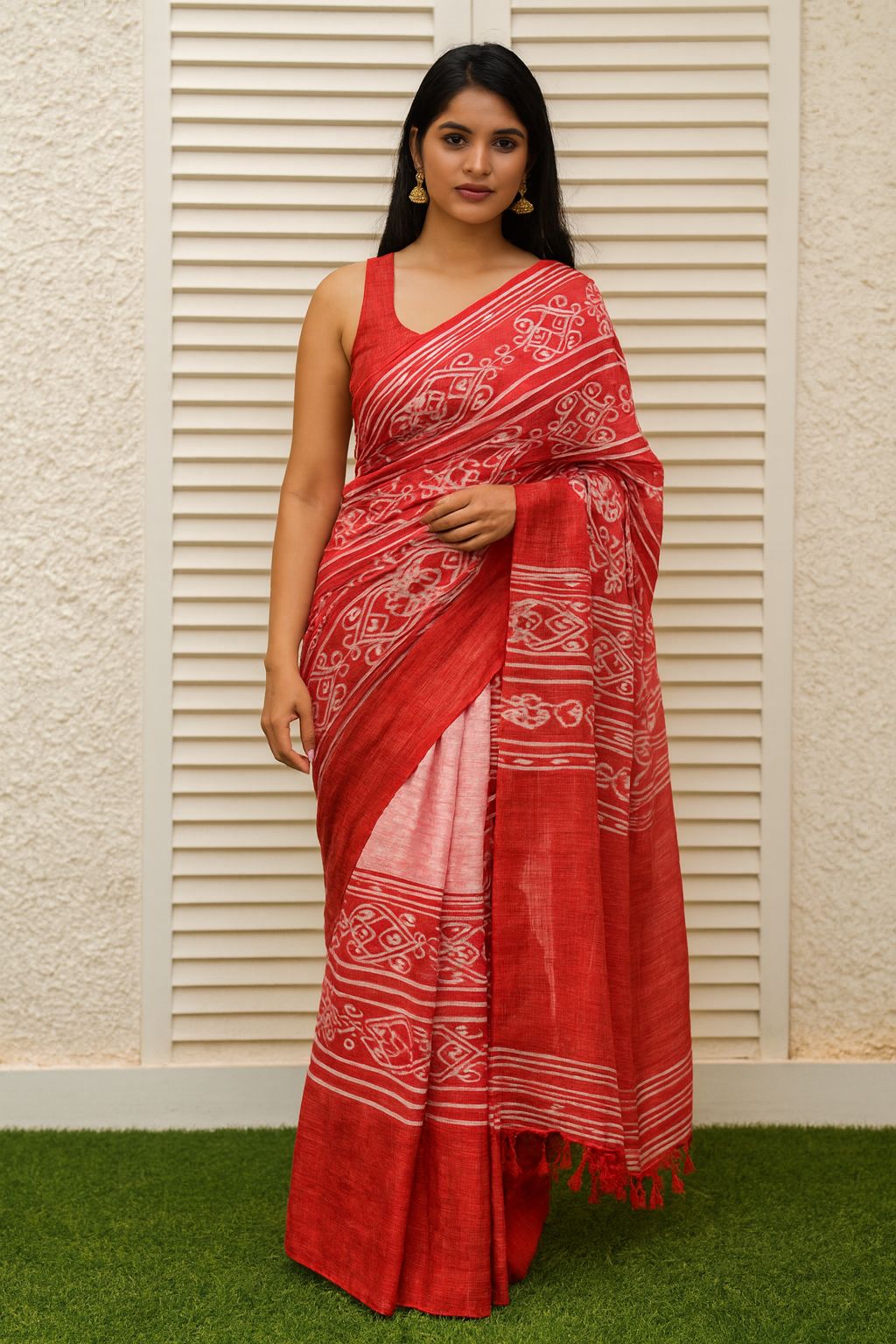 Red & White Printed Cotton Saree
