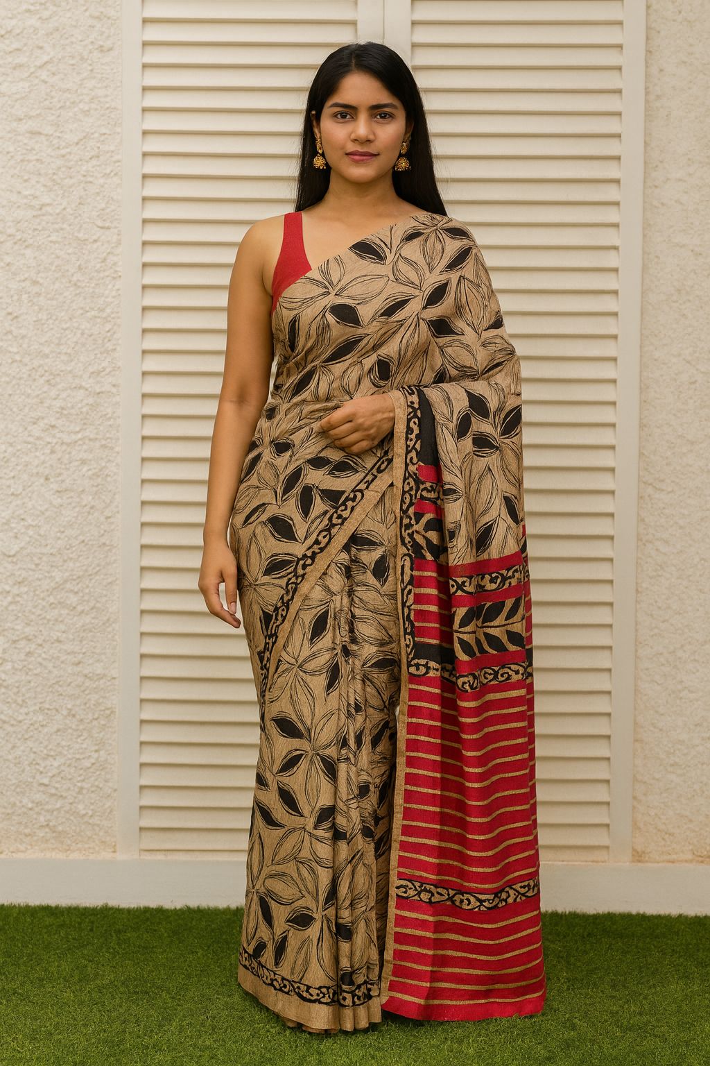 Aniket Texlite Jute Silk Saree with Leaf Print and Striped Border