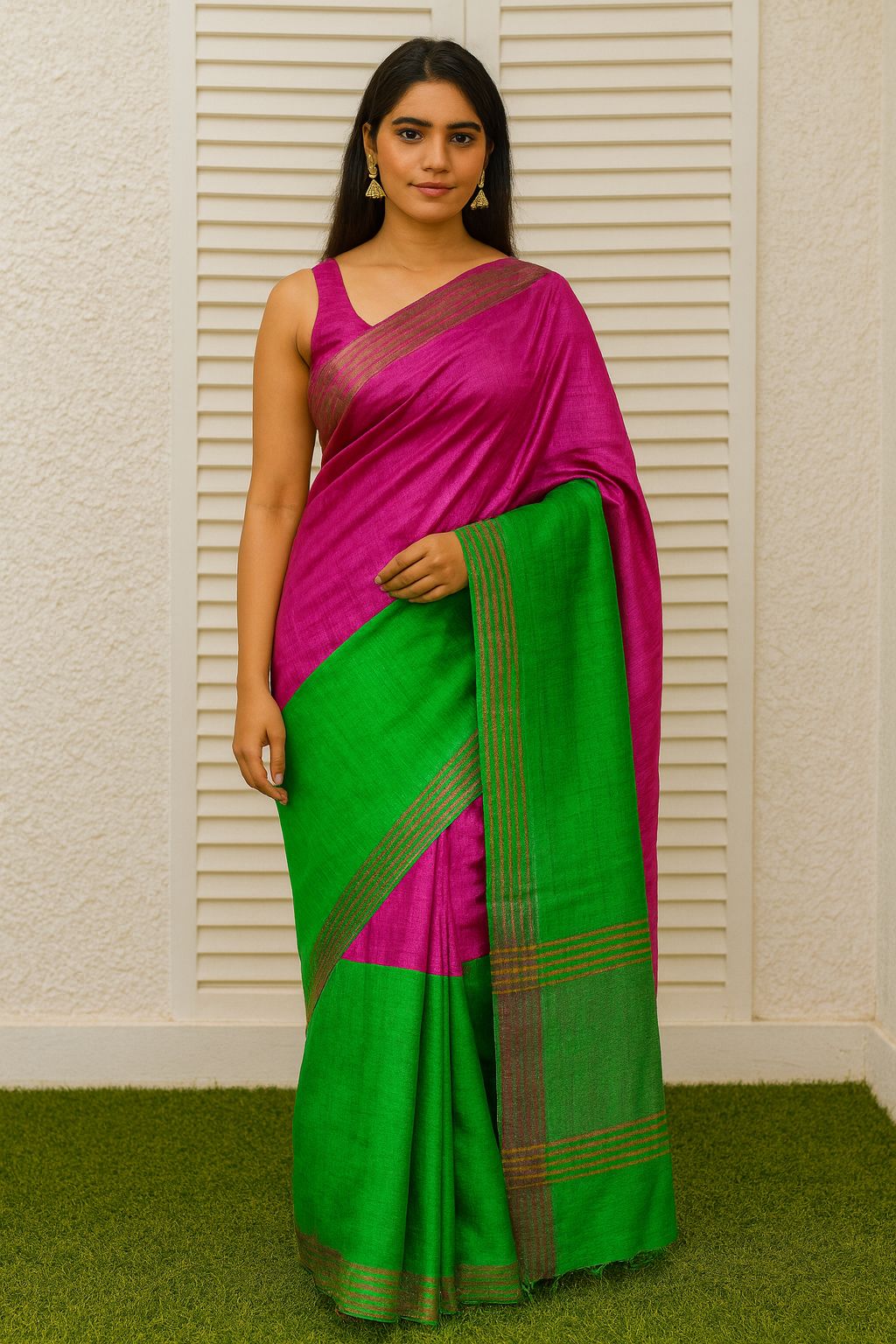 Vibrant Pink & Green Dual Tone Saree with Golden Stripes