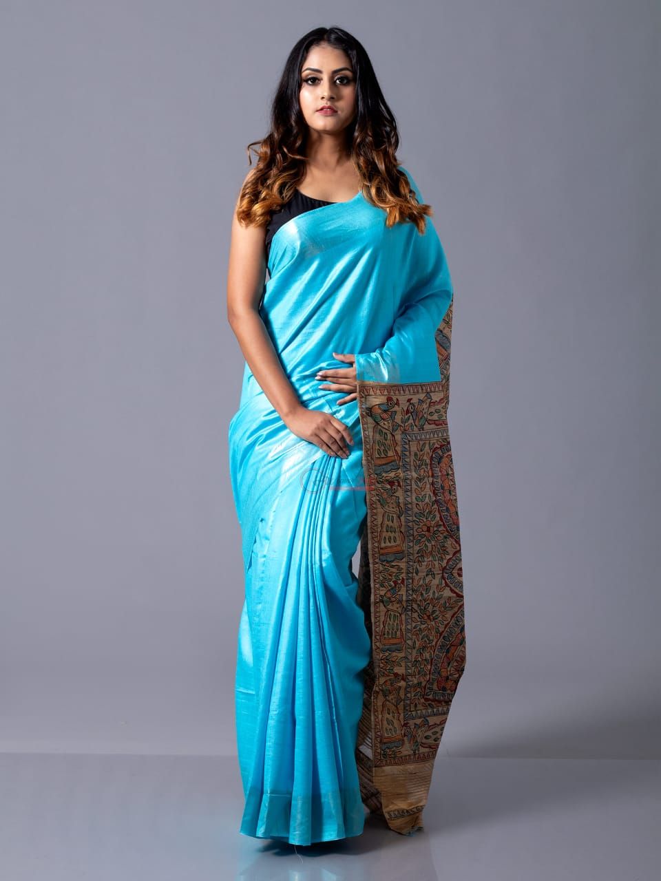 Light Blue Hand-Painted Tussar Silk Saree with Madhubani Art