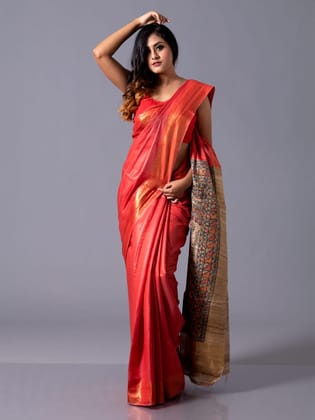 Red Tussar Silk Saree with Madhubani Inspired Pallu