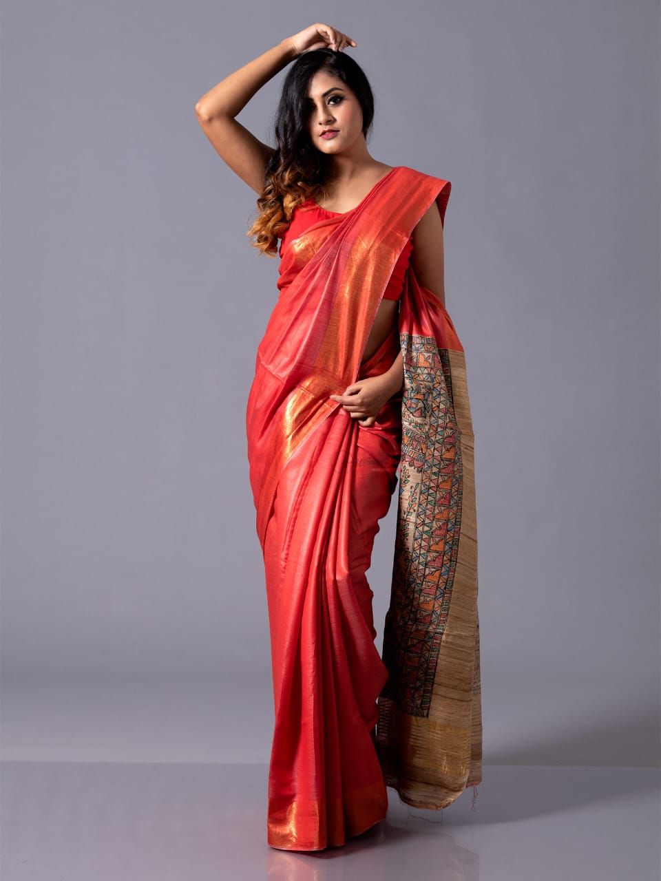 Red Tussar Silk Saree with Madhubani Inspired Pallu