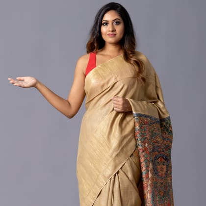 Golden Tussar Silk Saree with Madhubani Hand-Painted Art