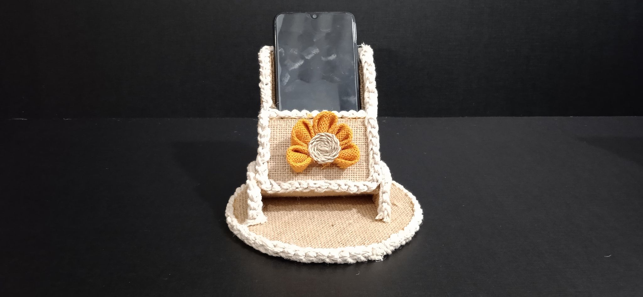 Handmade Jute Mobile Stand with Orange Flower Decoration