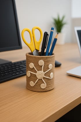 Handcrafted Jute Rope Pen Holder with Decorative Spiral Design
