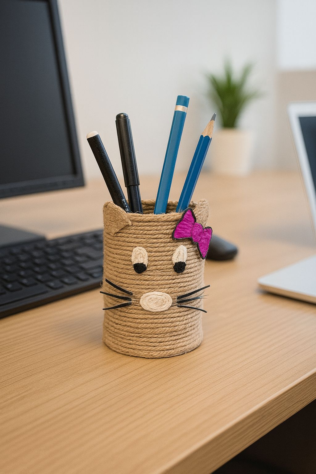 Handmade Cat-Themed Jute Pen Holder with Purple Bow