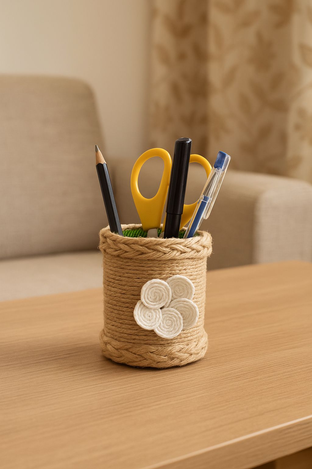 Handcrafted Jute Pen Stand with Green Lining & Floral Embellishment