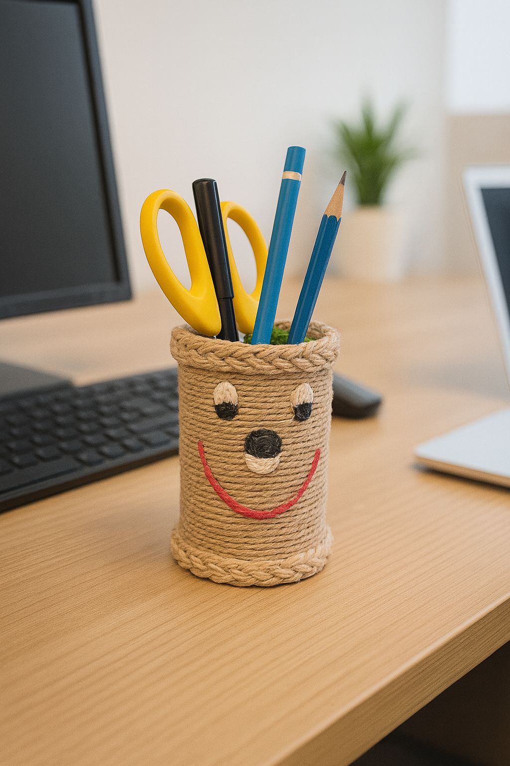 Handmade Jute Rope Smiley Face Pen Holder Desk Organizer