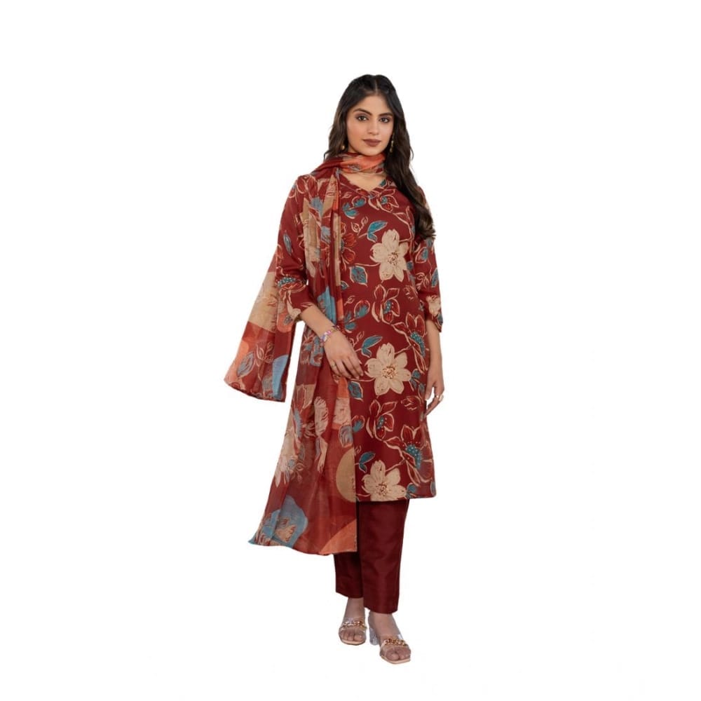 womens cotton blend printed kurti with pant dupatta set rust pid63057