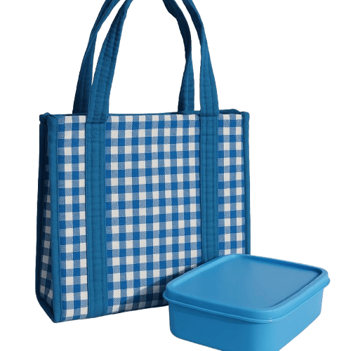 Blue Checkered Insulated Lunch Bag with Zip Closure | Reusable Office & School Tiffin Bag for Men, Women & Kids