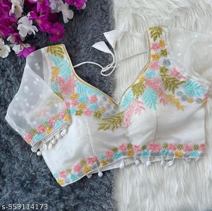 Women's Embroidered Organza Blouse with Shell Tassels