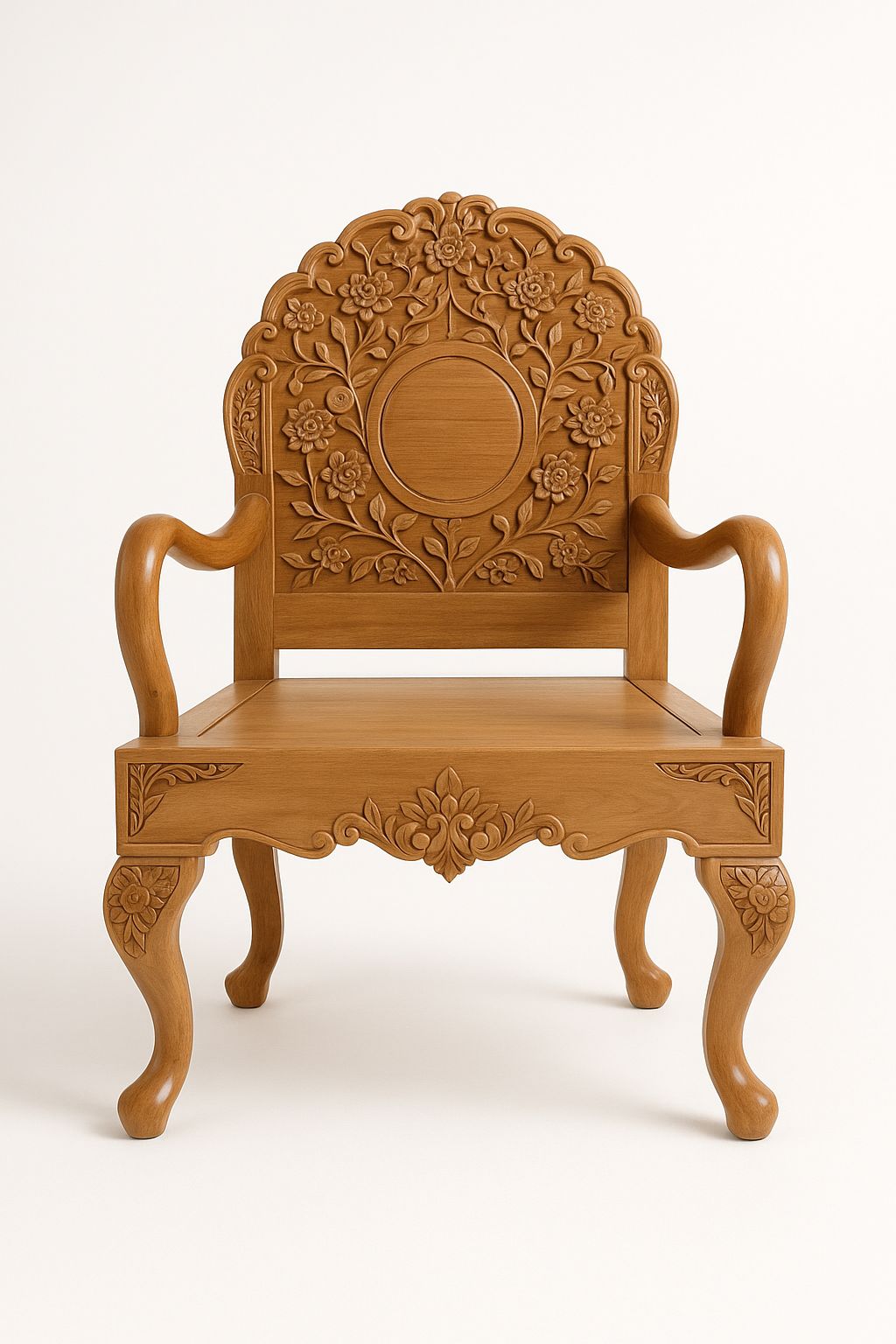 Intricately Carved Solid Wood Armchair