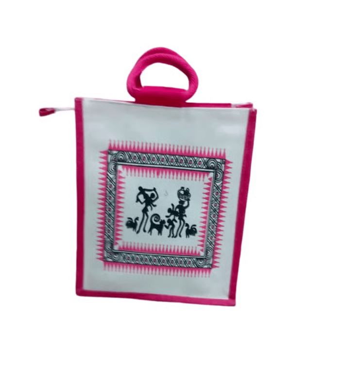Warli Art Jute & Cotton Blend Tote Bag with Braided Handles (Pink)