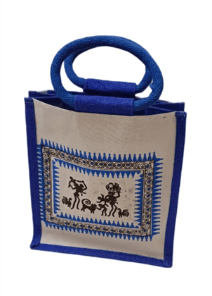 Warli Art Jute & Cotton Blend Tote Bag with Braided Handles (Blue)