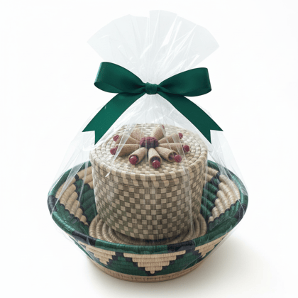 Handcrafted Sabai Grass Gift Basket Set with Lid and Green Ribbon
