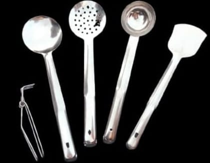 Mii Art brand stainless steel Spoon for Cooking & Serving Kitchen Tools Spatula spoon name two type skimmer,ladle, palta &tong/pakkad(size-large)pack of 5 pcs.