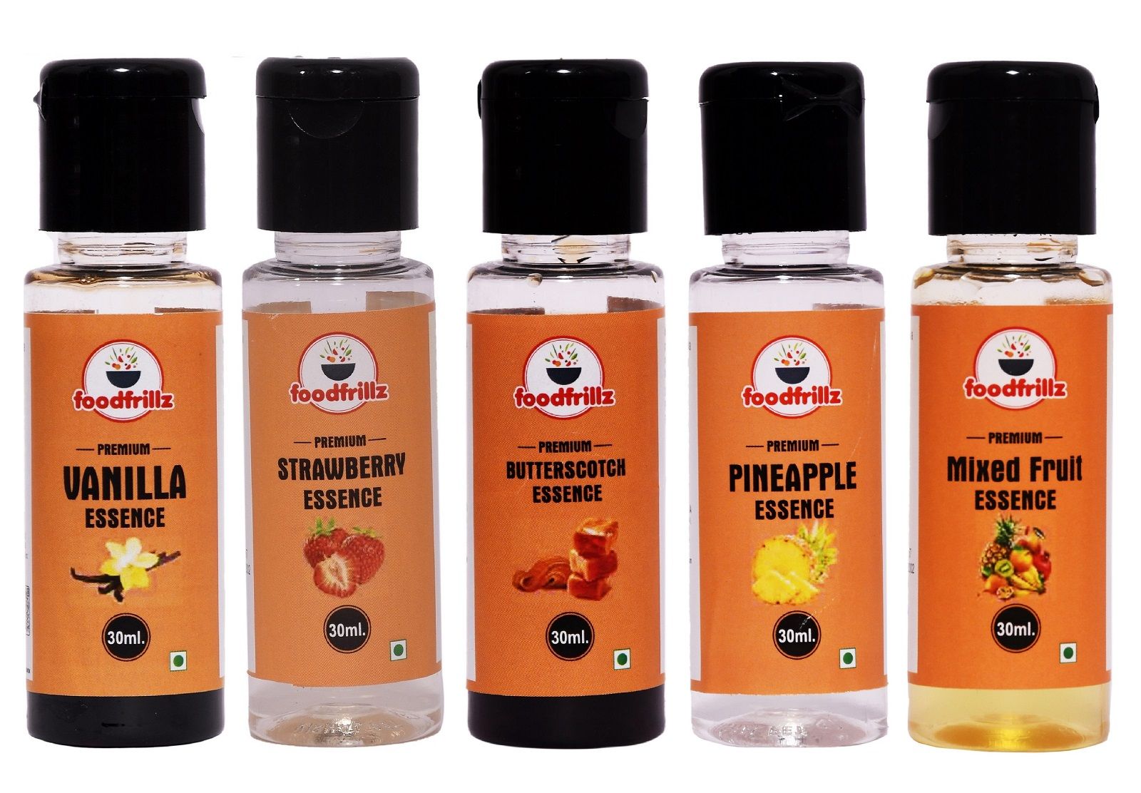 foodfrillz Vanilla, Butterscotch, Chocolate, Mix Fruit & Strawberry Food Essence for cake,Cookies,Ice Creams,Sweets, Pack of 5