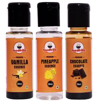 foodfrillz Vanilla, Pineapple and Chocolate food essence flavour (Pac of 3) for Baking Essential Ideal for Cakes, Sauces, Cookies, Ice Creams, Chocolate & Cocktail - 30ml each foodfrillz Vanilla, Pineapple and Chocolate food essence flavour (Pac of 3) for Baking Essential Ideal for Cakes, Sauces, Cookies, Ice Creams, Chocolate & Cocktail - 30ml each