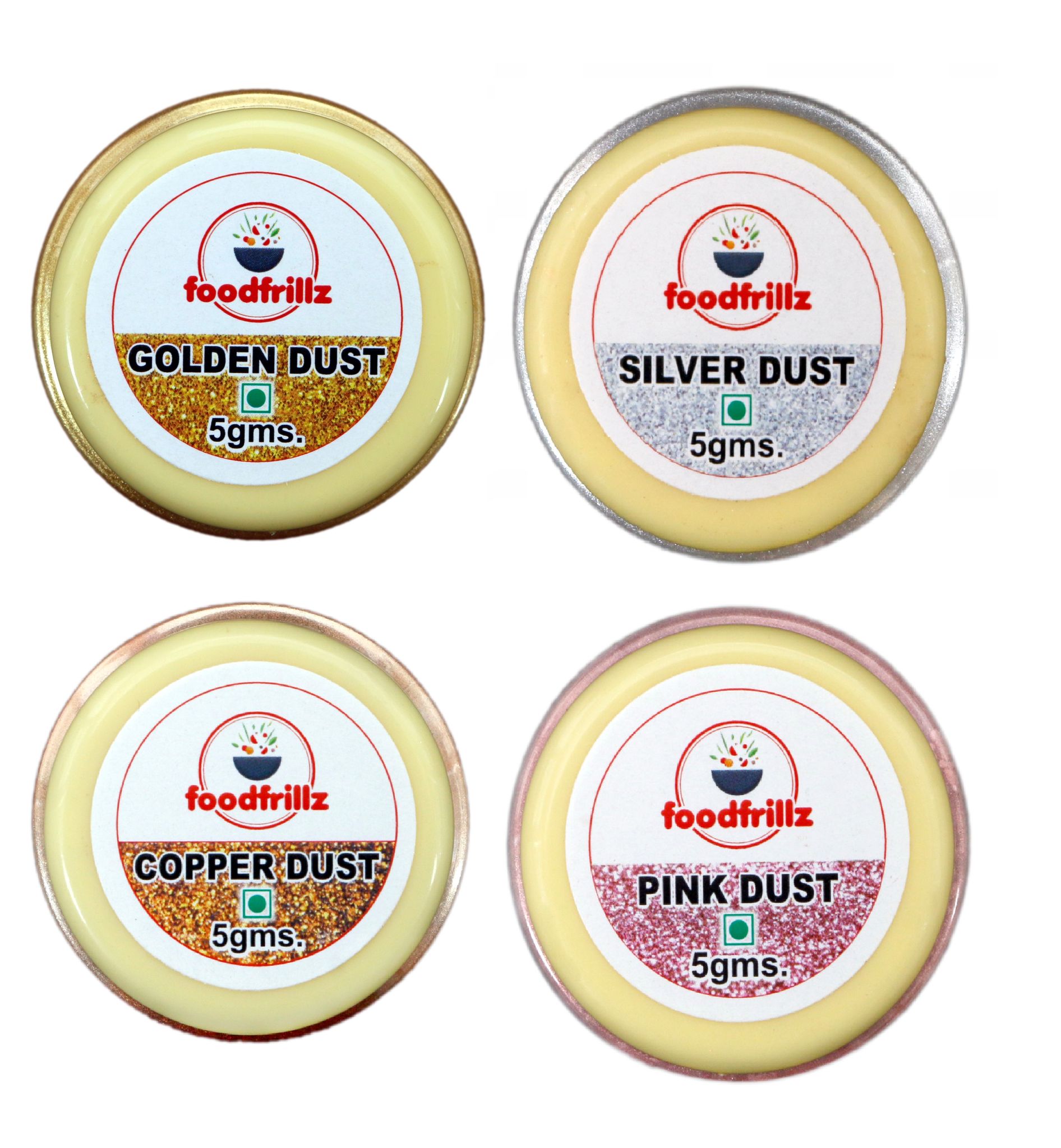 foodfrillz Lustre Dust for Cake decoration- Golden, Silver, Copper & Pink, 5 gm each (Pack of 4)