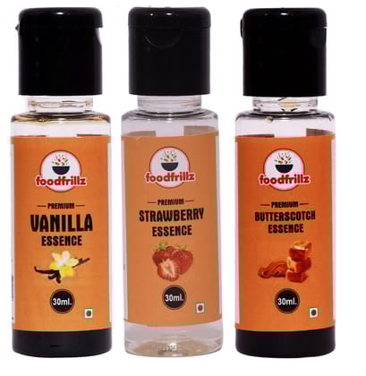 foodfrillz Vanilla, Strawberry & Butterscotch flavour Essence Combo Pack, Baking Essential Ideal Essence Making for Cakes, Cookies and Ice Creams Liquid Food Essence - Pack of 3 (30ml each)