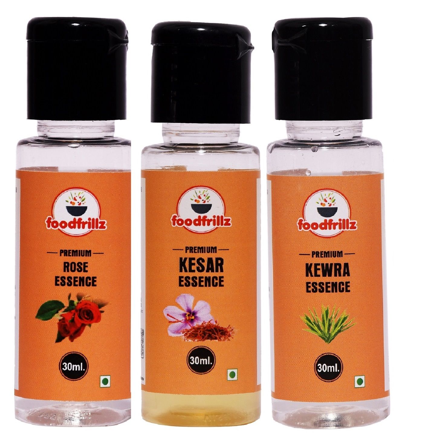 foodfrillz Rose, Kewra & Kesar Food Essence Flavor for Cakes, Jams, Cookies, Ice Creams, sweets - (Pack of 3, 30 ml each)