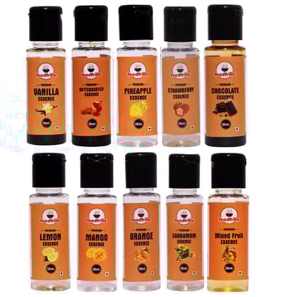 foodfrillz Food & Culinary Essence (Assorted) for Cake Making, for Ice Creams, desserts, Combo Pack of Vanilla | Strawberry | Butterscotch | Pineapple | Mango | Mix Fruit | Cardamom | Chocolate | Lemon | Orange - (Pack of 10)