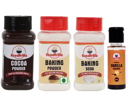 Foodfrillz Baking Essentials Kit: Cocoa Powder, Baking Powder, Baking Soda & Vanilla Essence