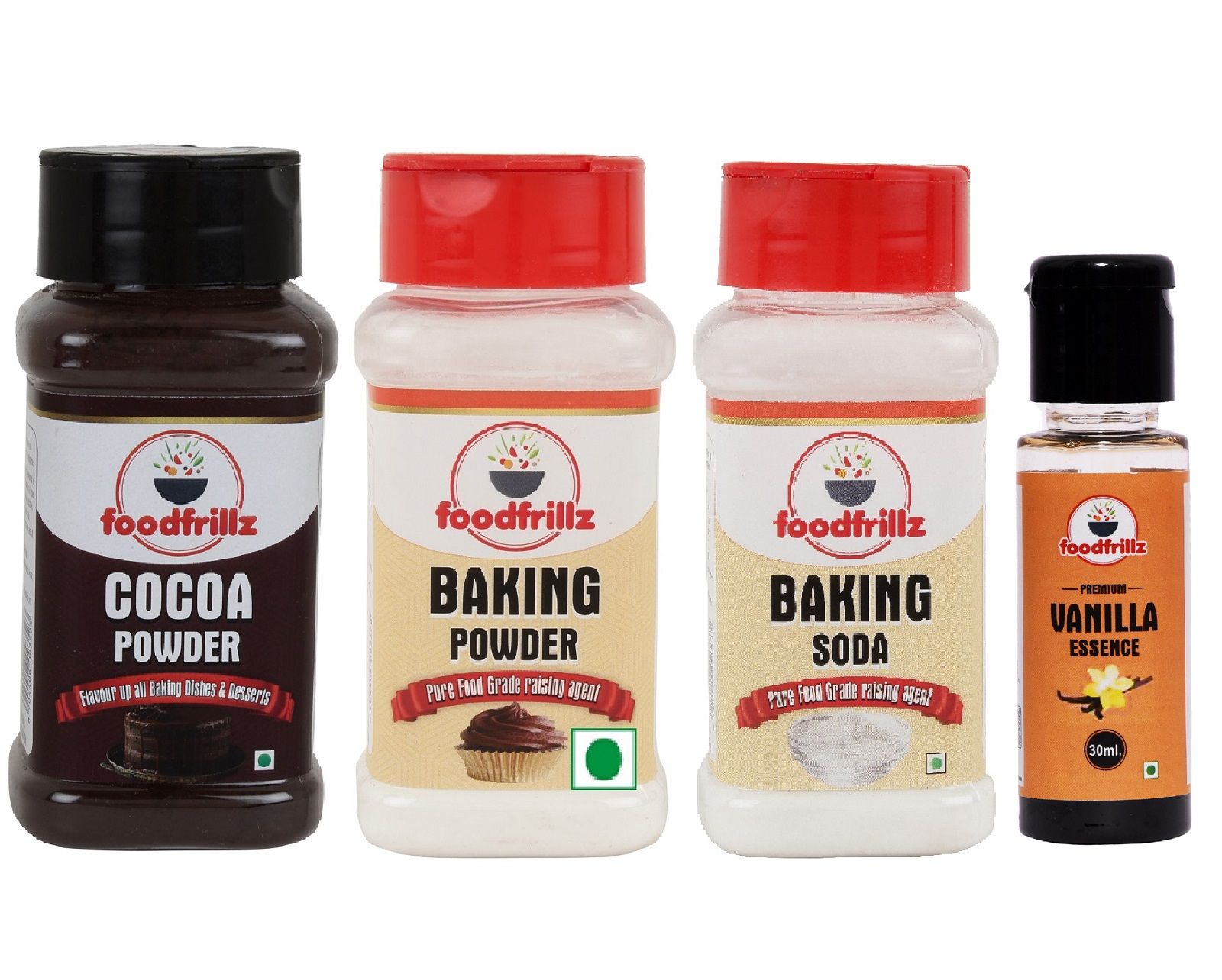 Foodfrillz Baking Essentials Kit: Cocoa Powder, Baking Powder, Baking Soda & Vanilla Essence