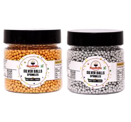 foodfrillz Premium Decorative Silver and Golden Balls for Cake Decor, Sparkling Effect, Use for Outer Surface Decoration Colorful Metallic Candy Sprinkles Mix for Cake Decoration, Cookie, Ice Cream Toppings - 200g (100g each)