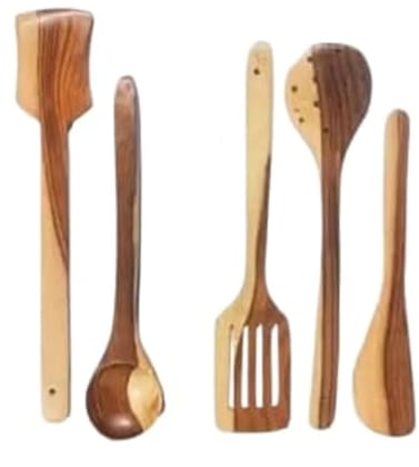 Mii Art brand Handmade Neem Wood Spatula Set Non-Stick Cooking & Serving Kitchen Tools palta /ladle/skimmer spoon(Pack of 5)large size