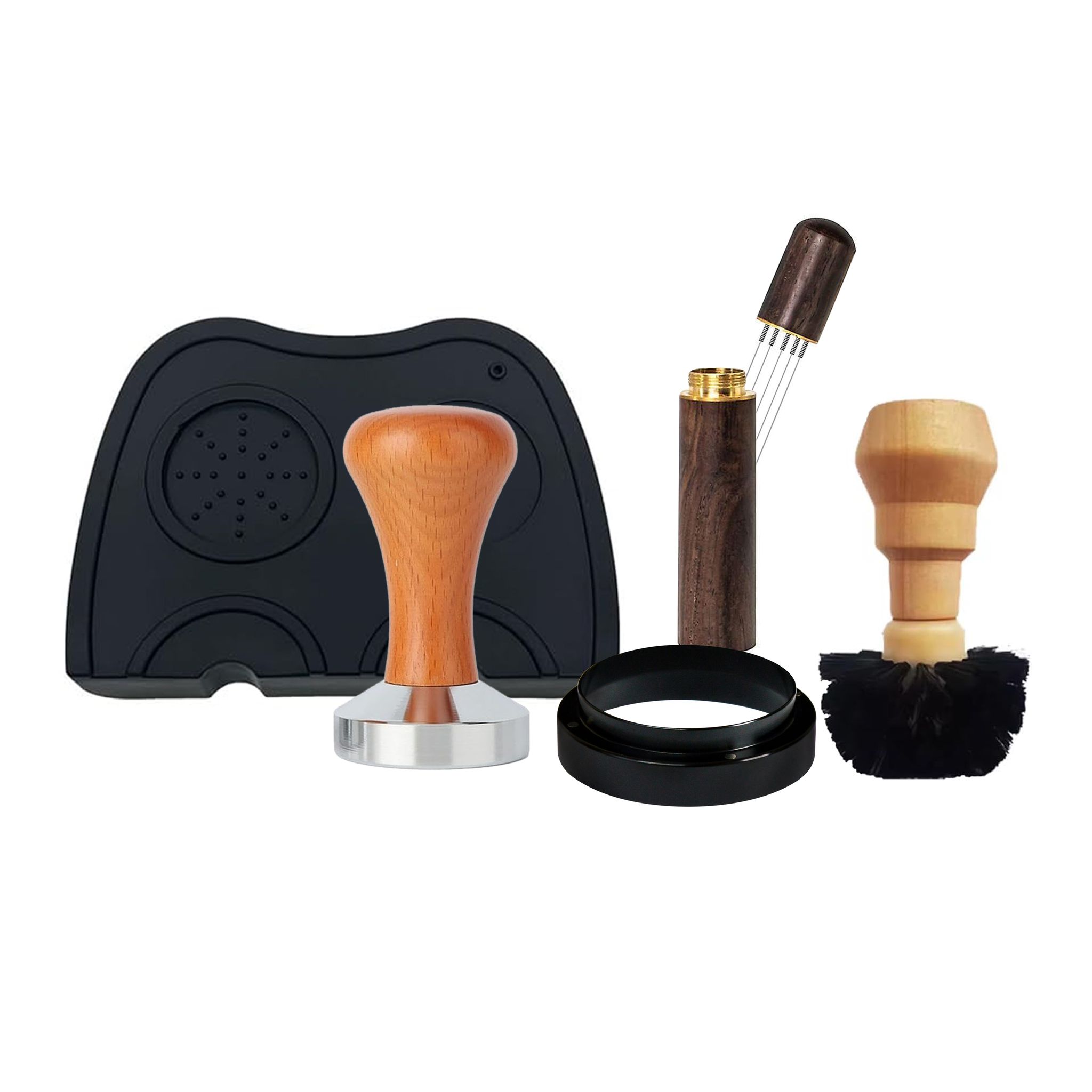 The Bean Co Roasters Home Barista Kit – 58mm Coffee Tamper-Wooden Handle, Coffee Needle Distributer, Dosing Ring, Portafilter Cleaning Brush & Silicone Tamper Mat-21×15cm Espresso Machine Accessories | Combo Pack