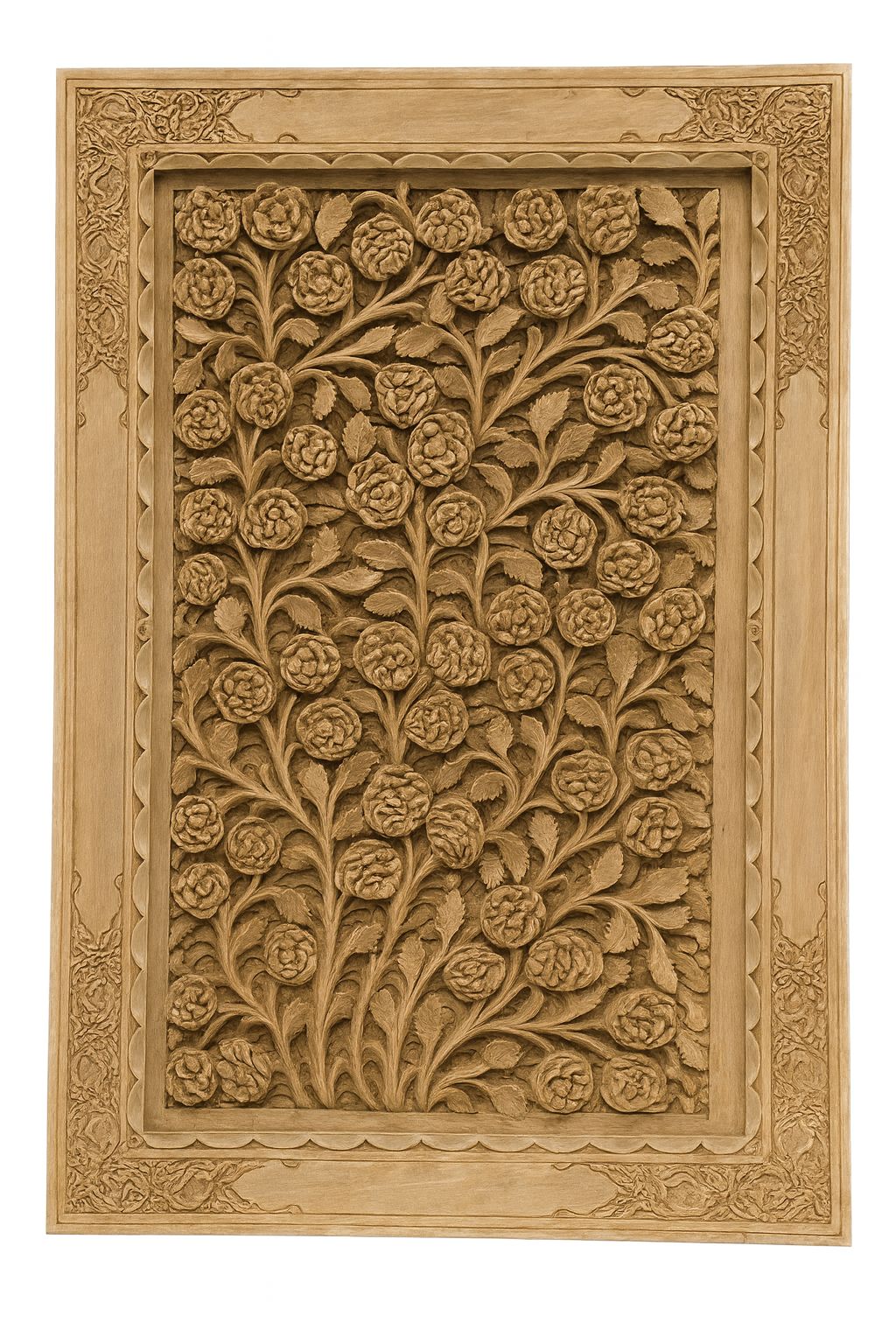 Intricate 3D Floral Carved Wood Panel for Wall Decor