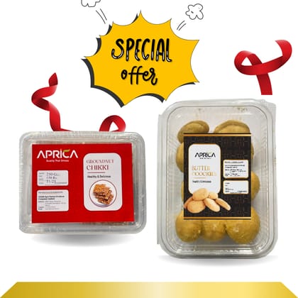 Aprica Delight Combo: Butter Cookies (Nankhatai) |200gm & Premium Groundnut Chikki | 250gm Aprica Delight Combo: Butter Cookies (Nankhatai) |200gm & Premium Groundnut Chikki | 250gm