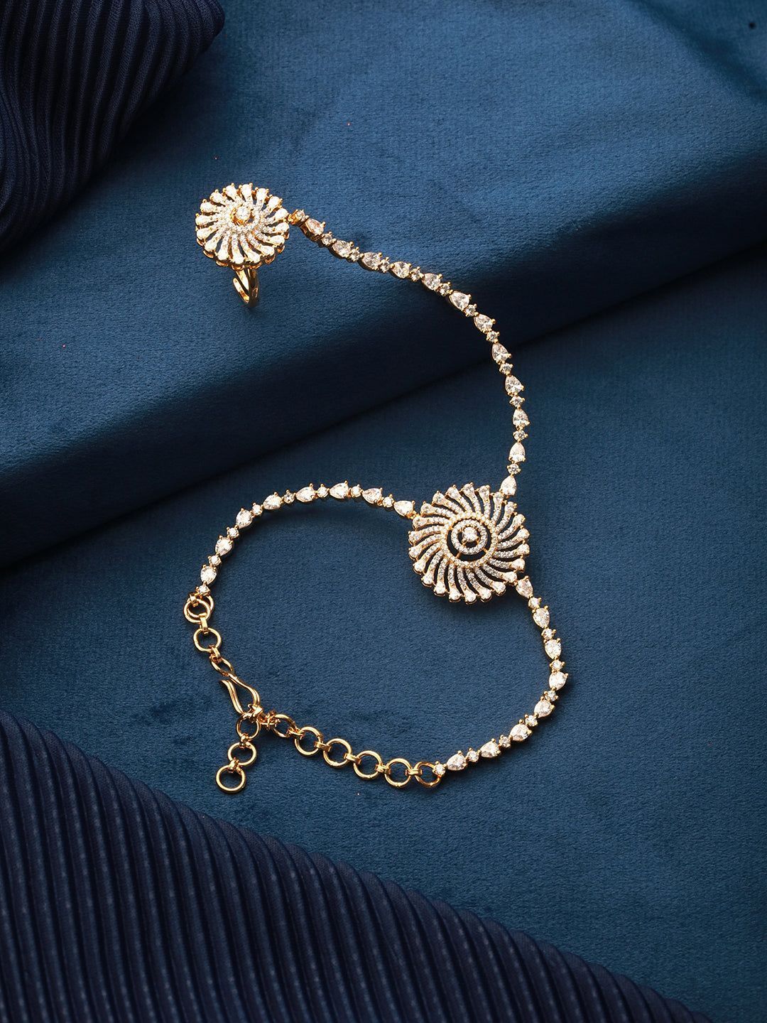 Gold Toned CZ Zircon Studded Designer Bridal Ring Bracelet Hathphool
