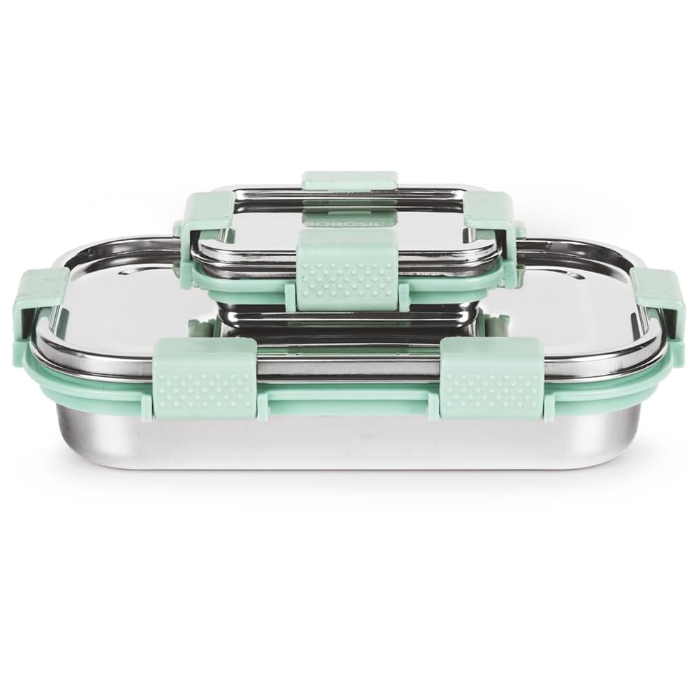 Borosil Stainless Steel Slim Lunch Box | 700 ml + 125 ml Container Set | Airtight, Leakproof, Dishwasher Safe | Portable Kids Tiffin | 1 Year Warranty (Green)