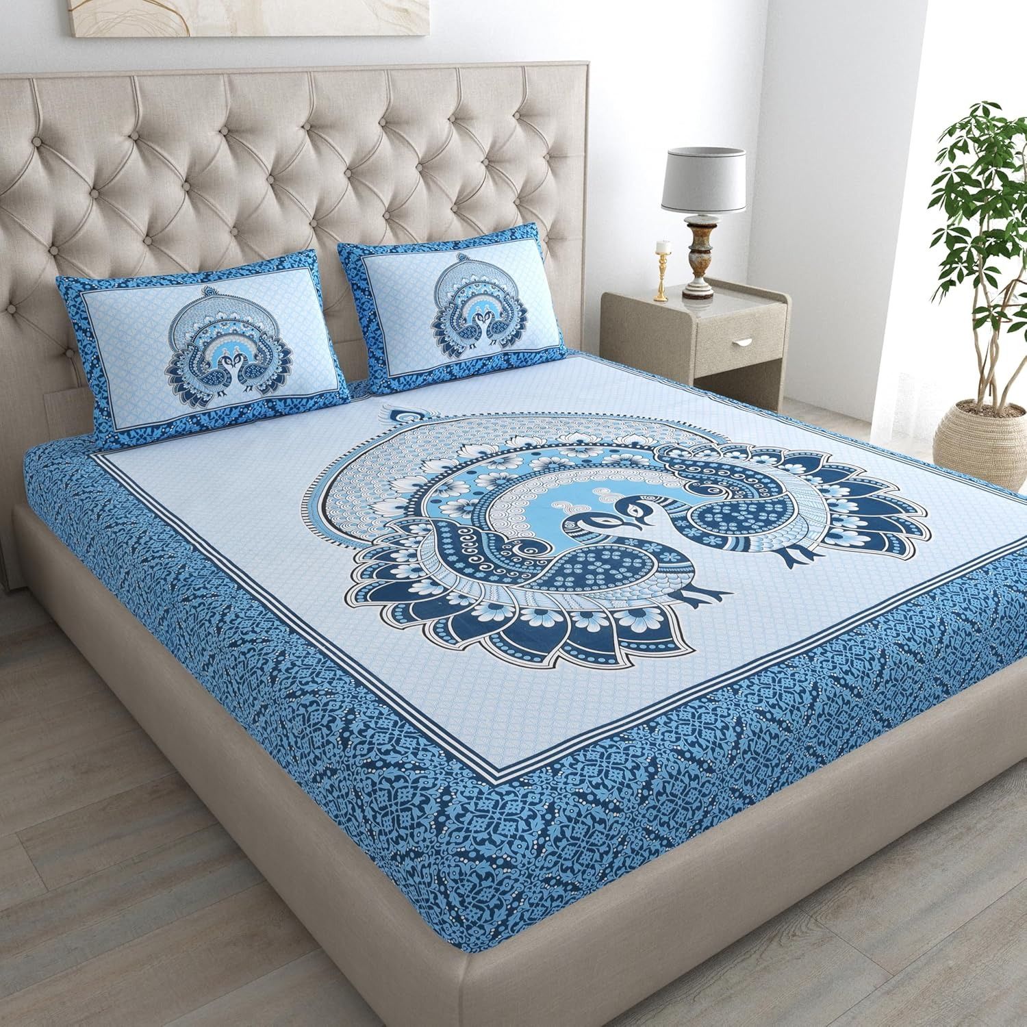 Arya Radha Light Blue 100% Cotton Double Bedsheet with Peacock Design & Pillow Covers