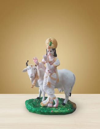 Divine Krishna with Cow Idol - Flute Playing White Krishna Murti Divine Krishna with Cow Idol - Flute Playing White Krishna Murti
