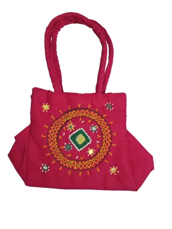 Pink Hand Embroidered Mirror Work Tote Bag with Green and Yellow