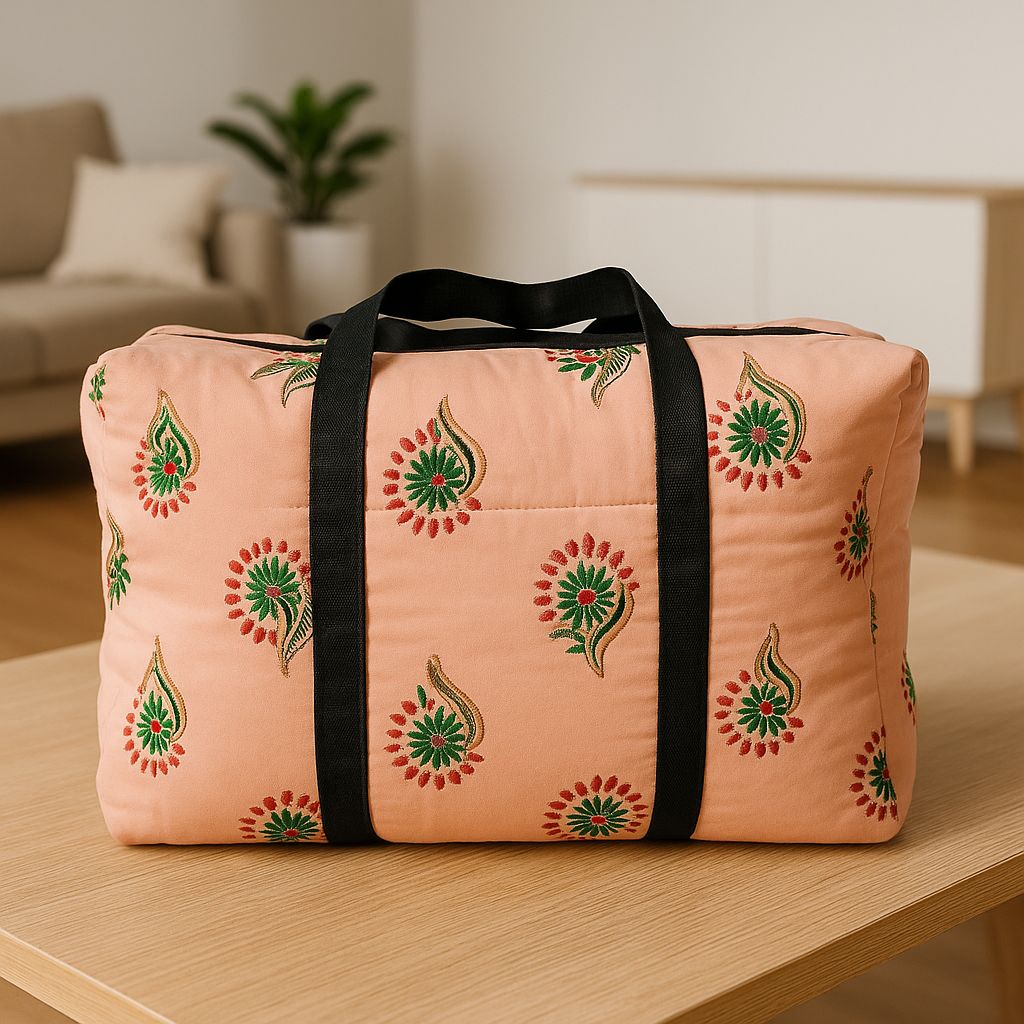 Light Pink Duffle Bag with Floral & Paisley Pattern