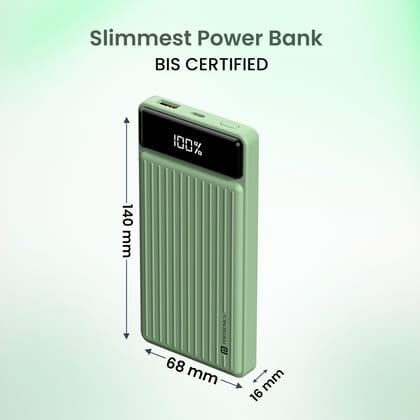  Portronics Luxcell B 10K 10000 mAh 22.5W Fast Charging Power Bank, Ultra Slim Power Bank with Mach USB-A Output, Type C PD Output, Type C Input, Wake Up Button(Green) 