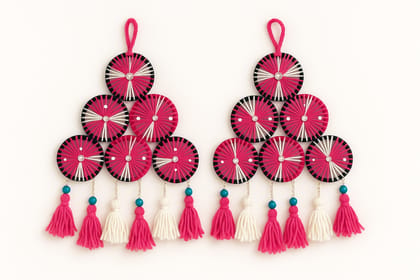 Handmade Pink White Black Wool Thread Mirror Work Wall Hanging Toran Handmade Pink White Black Wool Thread Mirror Work Wall Hanging Toran