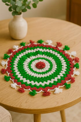 Handmade Wool Crochet Round Doily - Red, Green & White Handmade Wool Crochet Round Doily - Red, Green & White