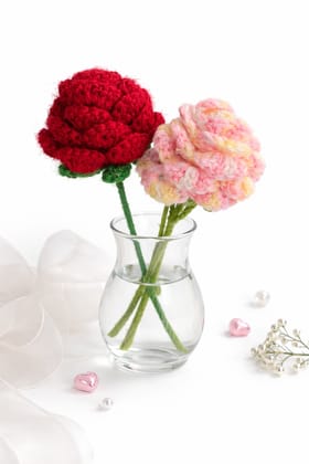 Handmade Knitted Crochet Rose Bouquet in Glass Vase with Ribbon & Pearls Handmade Knitted Crochet Rose Bouquet in Glass Vase with Ribbon & Pearls