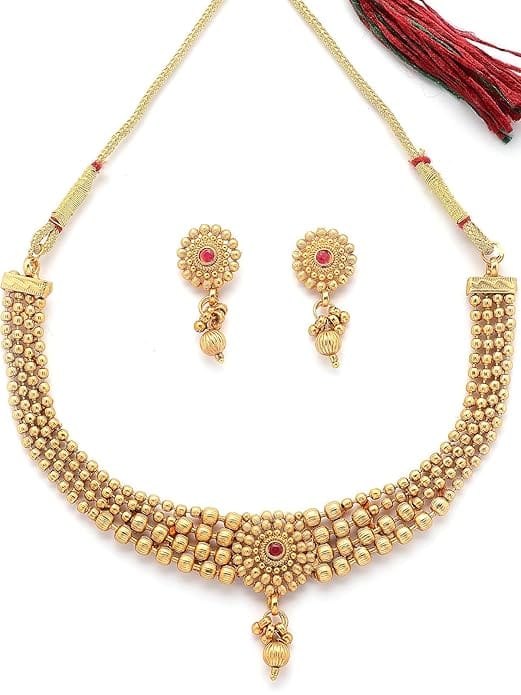 Traditional Gold-Plated Choker Necklace Set with Red Stone