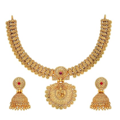 Traditional Gold Plated Goddess Motif Choker Necklace Set with Jhumka Earrings Traditional Gold Plated Goddess Motif Choker Necklace Set with Jhumka Earrings
